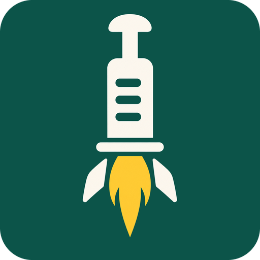 BOOSTER mark: a syringe that is also a rocket, gold flame below